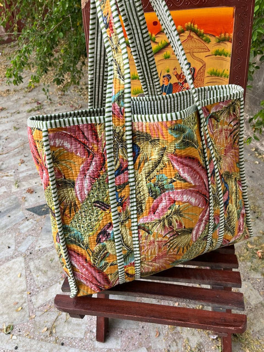Leaf Printed Quilted Cotton Handmade Tote Bag Shoulder Bag