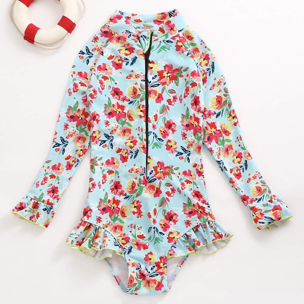 Girls Rashguard Bathing Suit Long Sleeve One Piece Swimsuit Zipper Kids Beach Swimwear UPF50