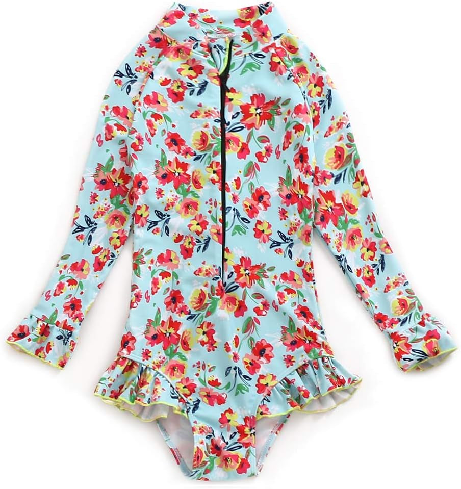 Girls Rashguard Bathing Suit Long Sleeve One Piece Swimsuit Zipper Kids Beach Swimwear UPF50