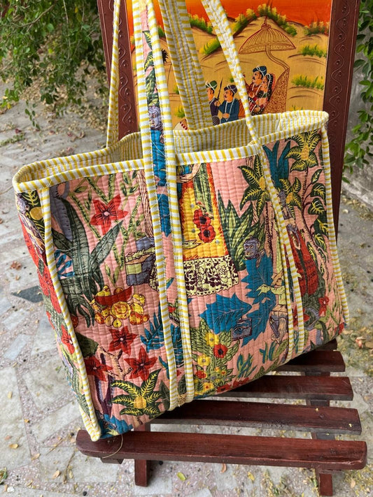 Farida Print Cotton Quilted Market Bag Handmade Quilted Tote