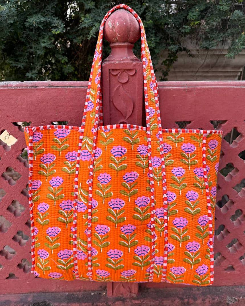 Orange Cotton Bag Floral Printed Bag Quilted Bag Women Bags