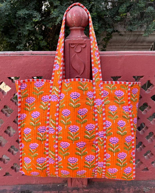 Orange Cotton Bag Floral Printed Bag Quilted Bag Women Bags