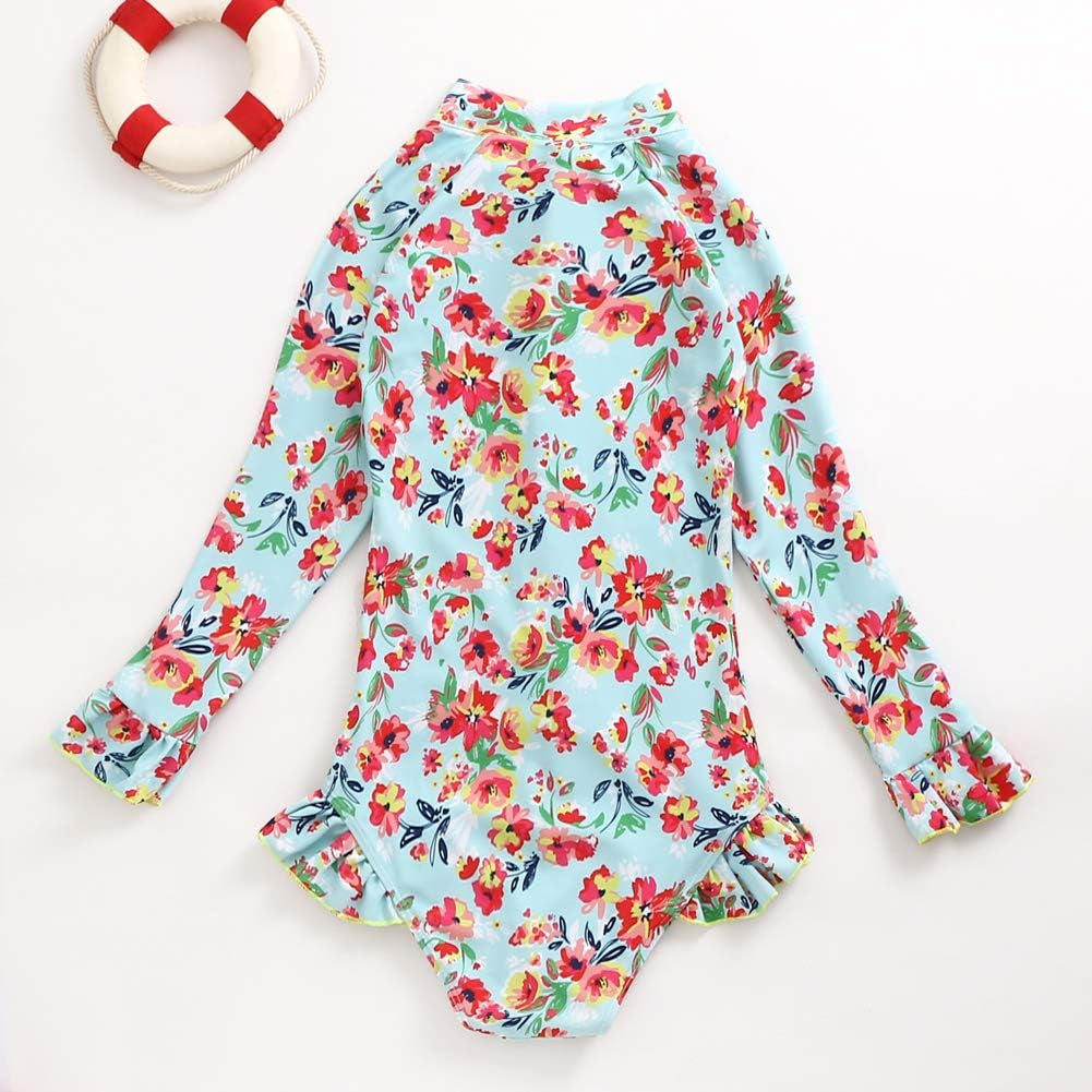 Girls Rashguard Bathing Suit Long Sleeve One Piece Swimsuit Zipper Kids Beach Swimwear UPF50