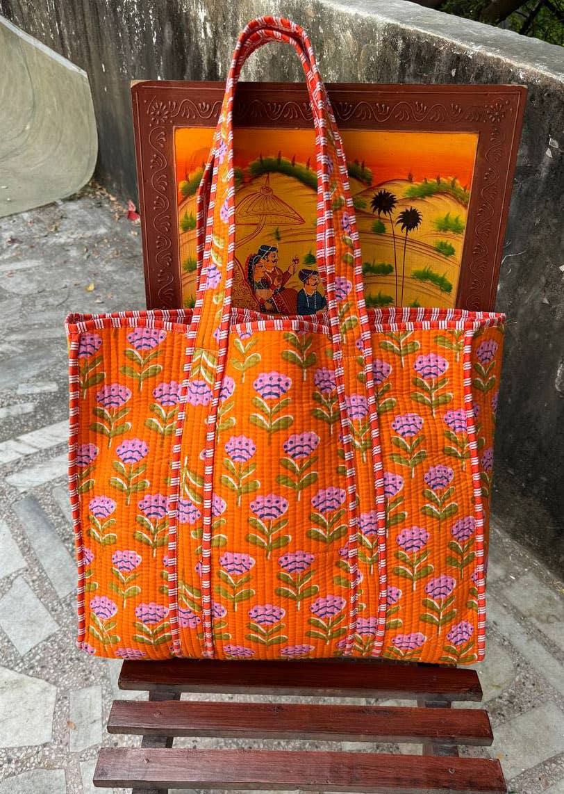 Orange Cotton Bag Floral Printed Bag Quilted Bag Women Bags