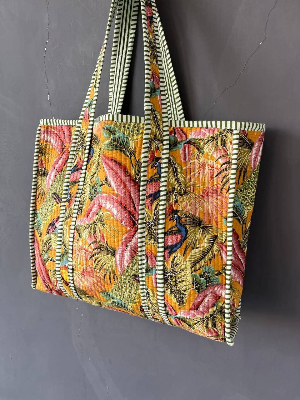 Leaf Printed Quilted Cotton Handmade Tote Bag Shoulder Bag