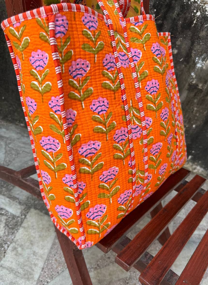 Orange Cotton Bag Floral Printed Bag Quilted Bag Women Bags