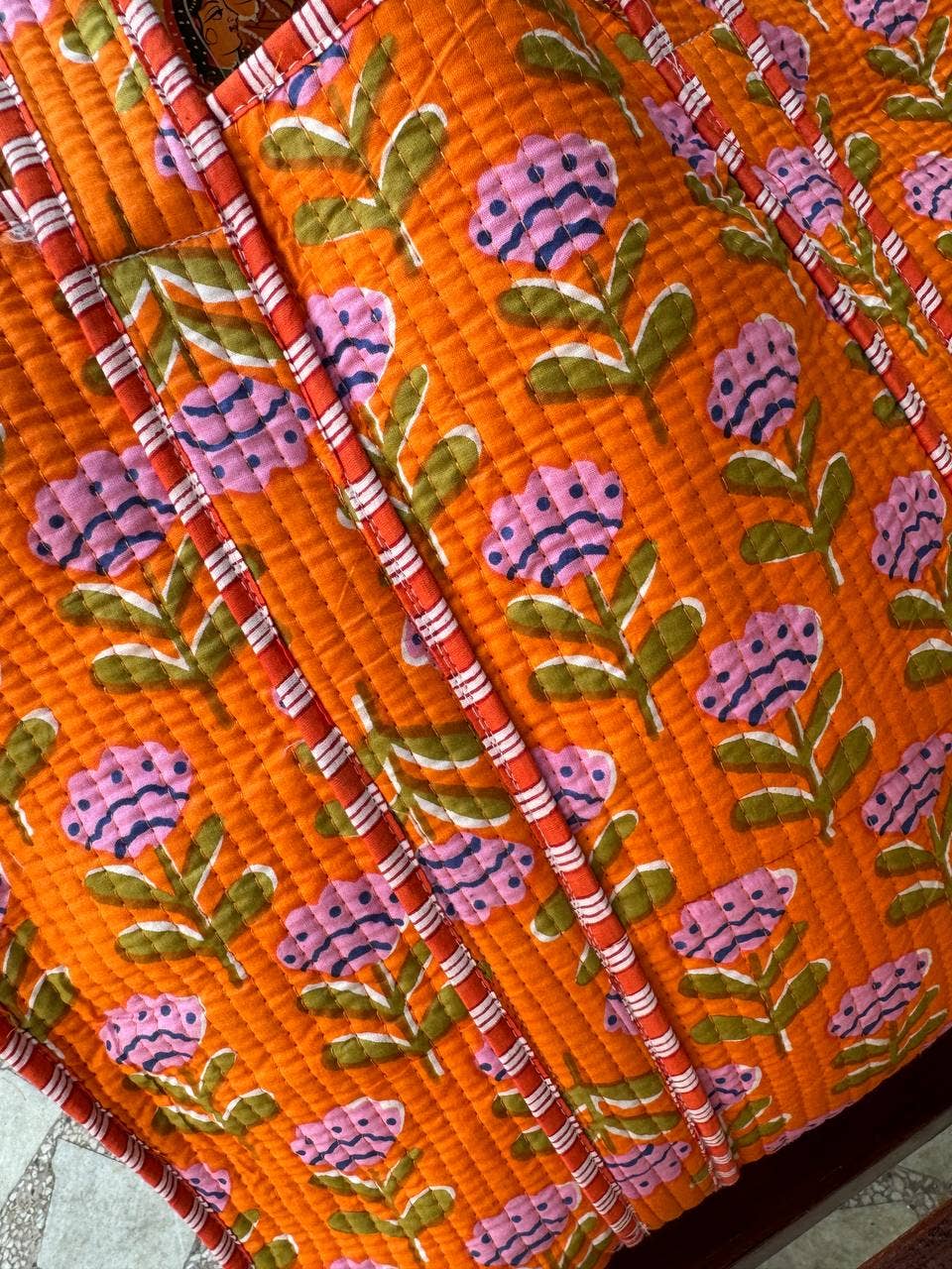 Orange Cotton Bag Floral Printed Bag Quilted Bag Women Bags