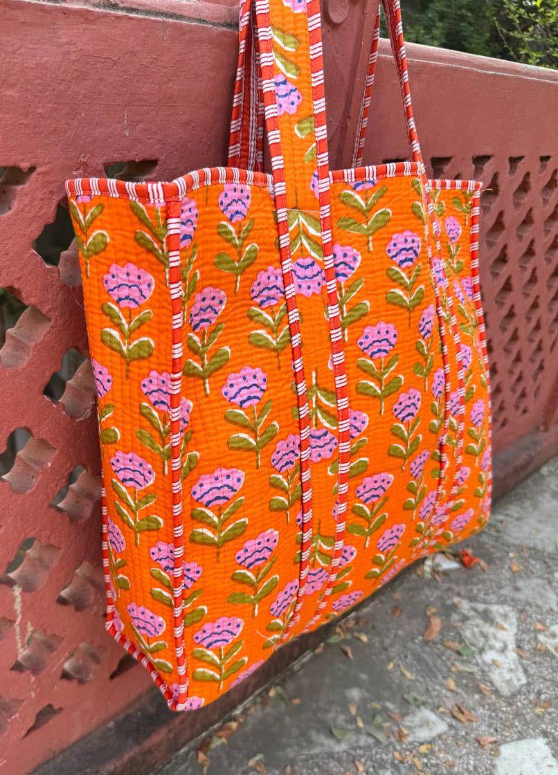Orange Cotton Bag Floral Printed Bag Quilted Bag Women Bags