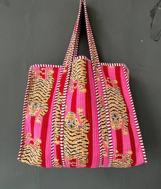 Tiger & Floral Quilted Reversible Cotton Eco Tote Bag